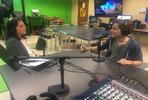 Head of School Allison Gaines Pell interviewing a senior for a podcast in the Digital Production Studio.