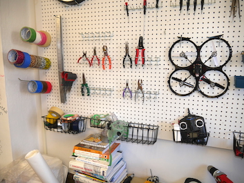 Wall of tools in the DIB Lab maker space.