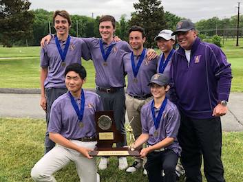 Golf team and coach hold state championship trophy.