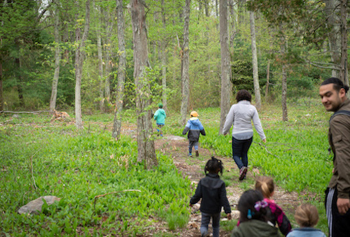 Two teachers walk with a line of children into the woods.