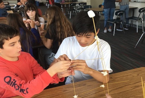 Students in a classroom work together in small groups on a marshmallow and spaghetti design task.