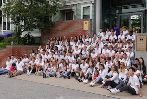 The Senior Class of 2020 and the Nursery Class of 2034 at the opening of school assembly.