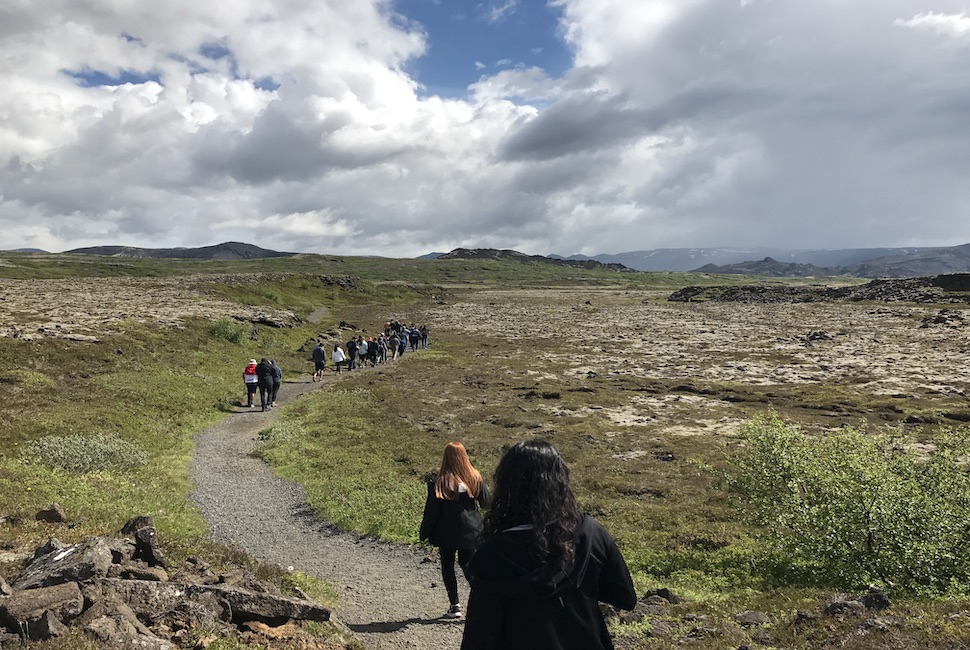 Student group hikes in Iceland