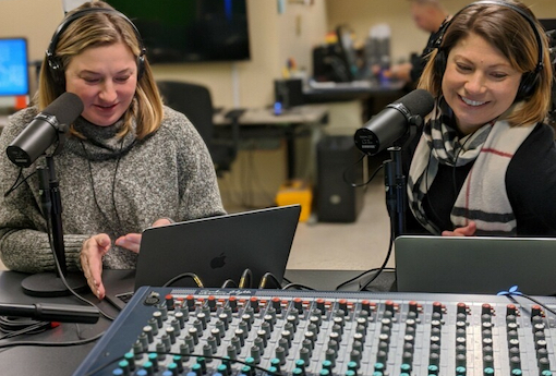 Two women record a podcast in the Wheeler Digital Production Studio