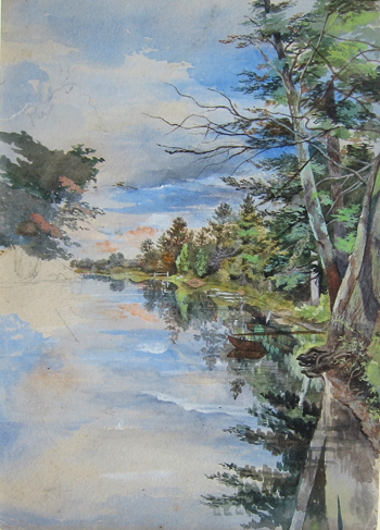 Watercolor of a river and its wooded banks.