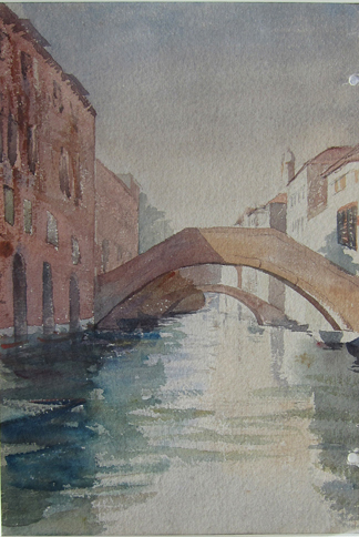 Watercolor of a bridge over the water in Venice, Italy.