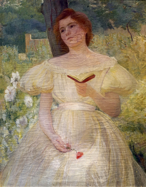 Painting of a woman holding a rose in her lap and a book in her hand.