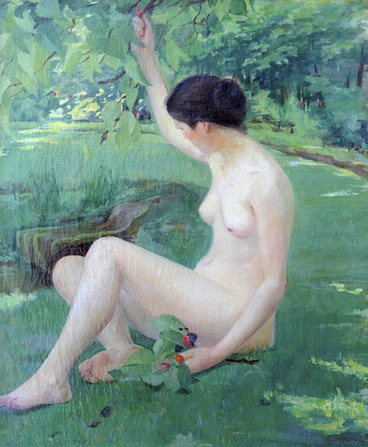 Nude woman near a pond.