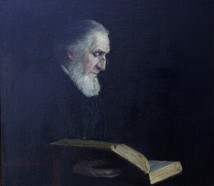Painting of distinguished elderly man reading a large book.