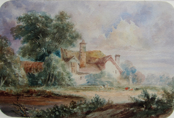 Watercolor of an English cottage from across a field.