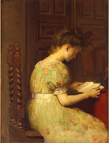 Painting of a young woman reading a book with her back to the artist