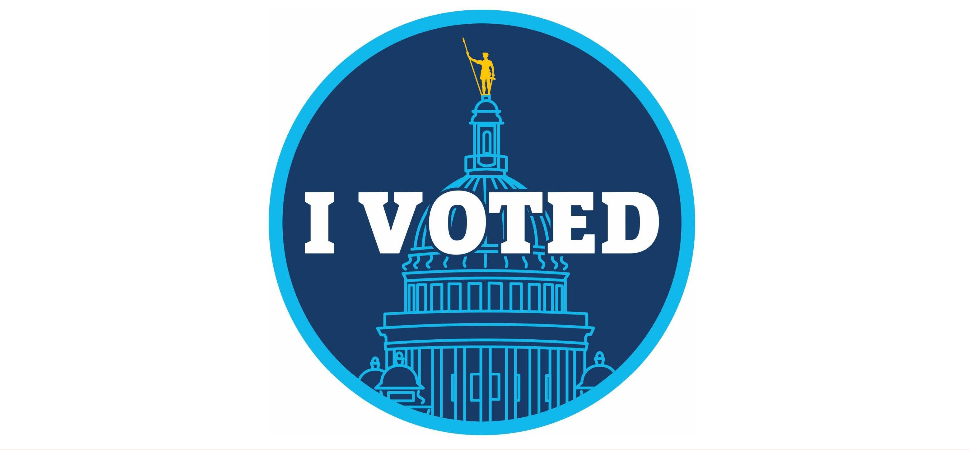 I Voted Sticker design by student with RI Capitol Building in blue and Independent Man statue atop in gold.