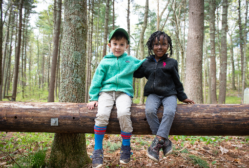 Two children, one white, one black, with linked arms sitting on a large log in the woods.
