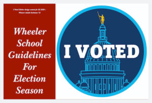 I Voted sticker design by Wheeler senior. Sticker shows the RI Statehouse dome in blue with the Independent Man statue in gold.