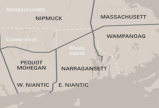 Map of the tribal lands in RI and Massachusetts where Wheeler has campuses.