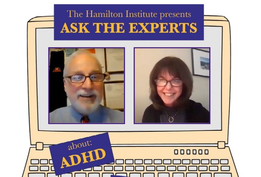 Graphic of a laptop computer with faces of a man and woman to promote a video on ADHD.