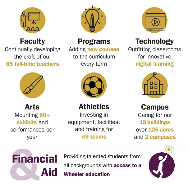 Graphic icons illustrating all the ways a gift supports the school: faculty, programs, technology, arts, athletics, campus and financial aid.