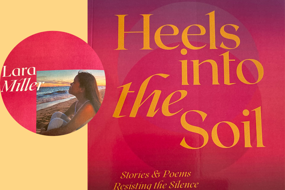 Cover of a book titled Heels Into the Soil with inset photo of young girl sitting on the beach.