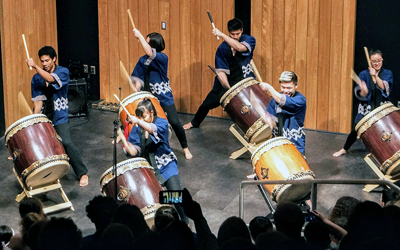 Student drummers performing in the multicultural showcase.