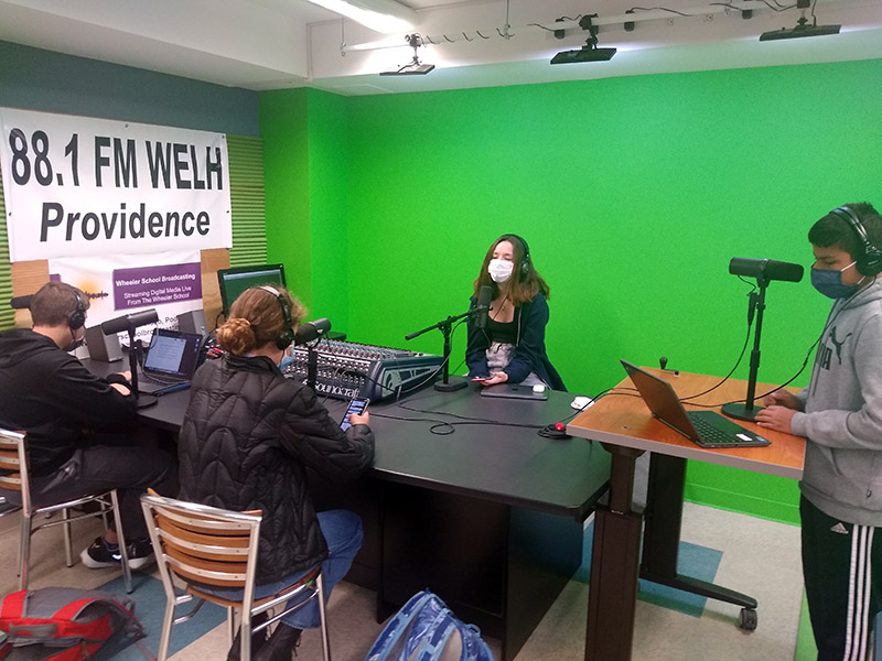 Wheeler students prepare a podcast in the Digital Production Studio.