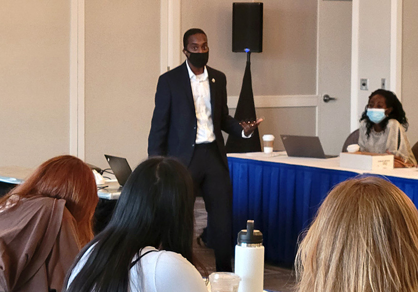 John Gonclaves ‘09 speaks to students during a workshop at the 2021 Student Diversity Conference.