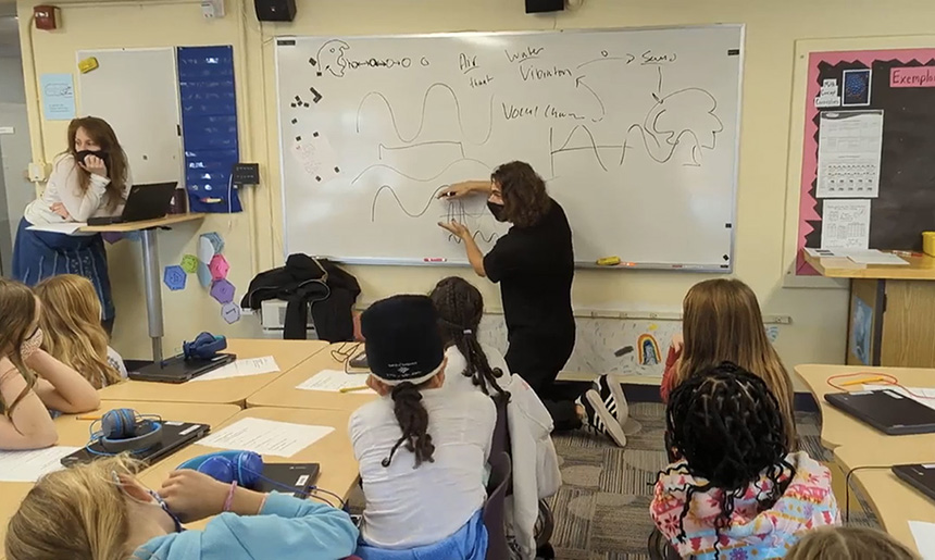 Aerie teacher Travis Dumais discusses sound waves while teaching 4th-grade students some of the fundamentals of sound.