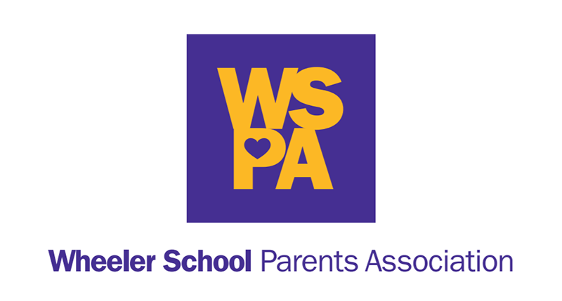 The Wheeler School Parent Association logo, which is a purple square with yellow lettering that reads "WSPA". The top of the P has a heart shape cut-out, and the WS is stacked on top of the PA.