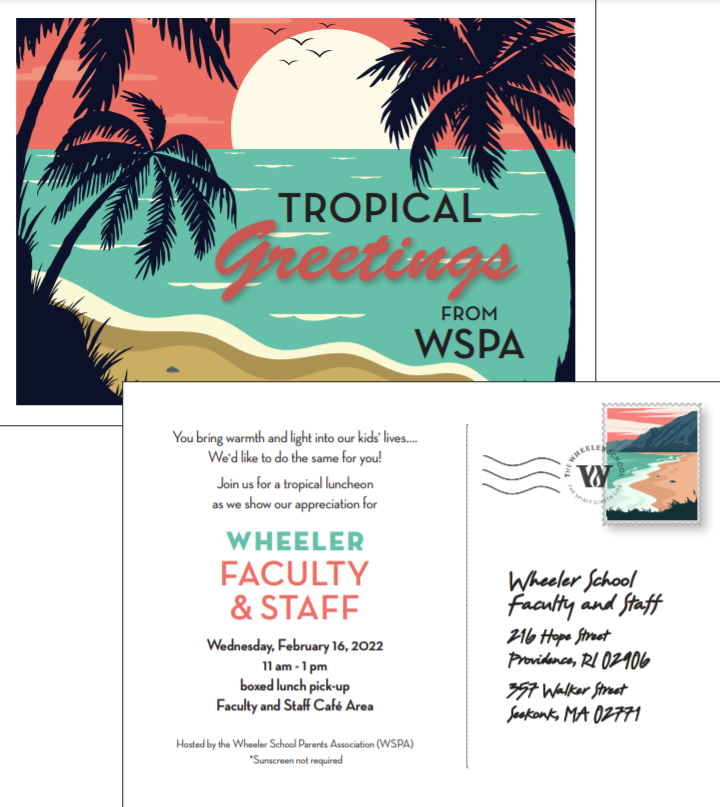 Wheeler Faculty and Staff appreciation luncheon invitation that shows an illustrated beach scene on the front with the stylized words, "Tropical Greetings From WSPA." The back of the invitation includes information about the location and time of the event, as well as a fake stamp in a beach design.