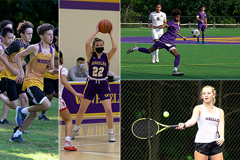 A composite image showing Wheeler student athletes competing in various sports including cross country, basketball, soccer, and tennis.