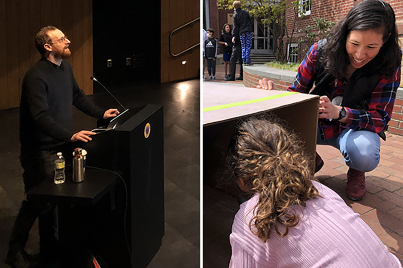 A composite image showing Will Hunt speaking at a podium on the left and a student starting to crawl through a cardboard box tunnel while a staff member smiles nearby.