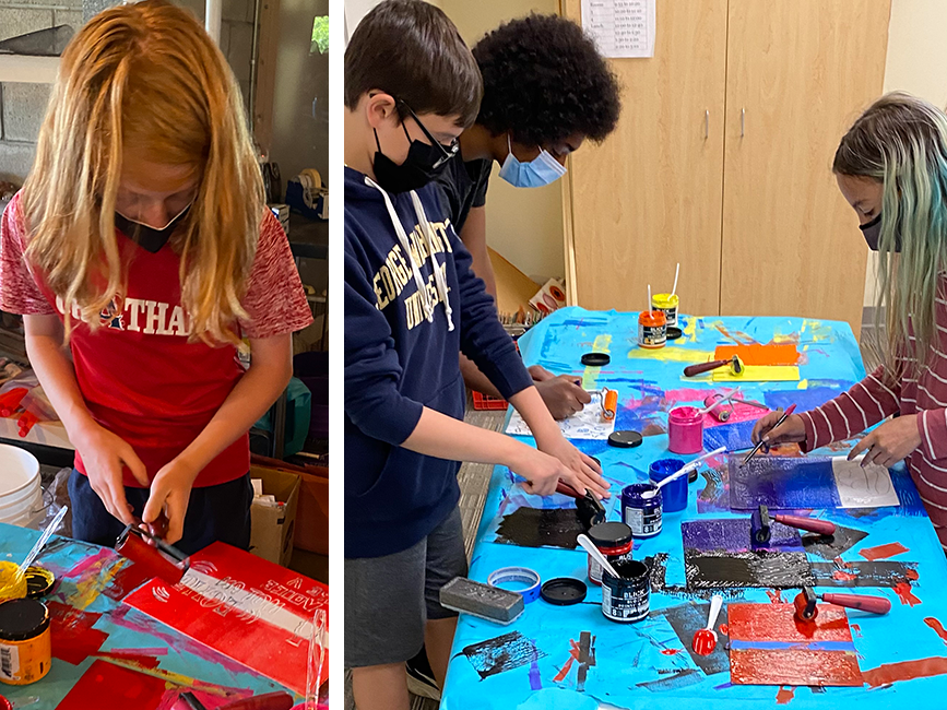 A composite image of students working on their prints. On the left is a student rolling paint onto their canvas, and on the right are three students working together.