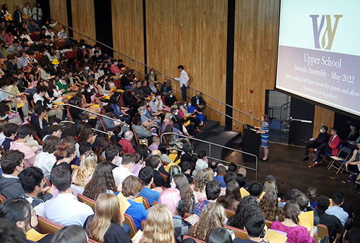 Upper School students, faculty, and staff gathered in Isenberg Auditorium for the awards assembly.
