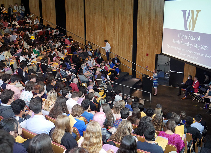 Upper School students, faculty, and staff gathered in Isenberg Auditorium for the awards assembly.