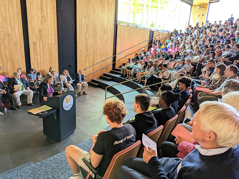 Head of the Upper School Neeltje Henneman speaks at the Awards Assembly.