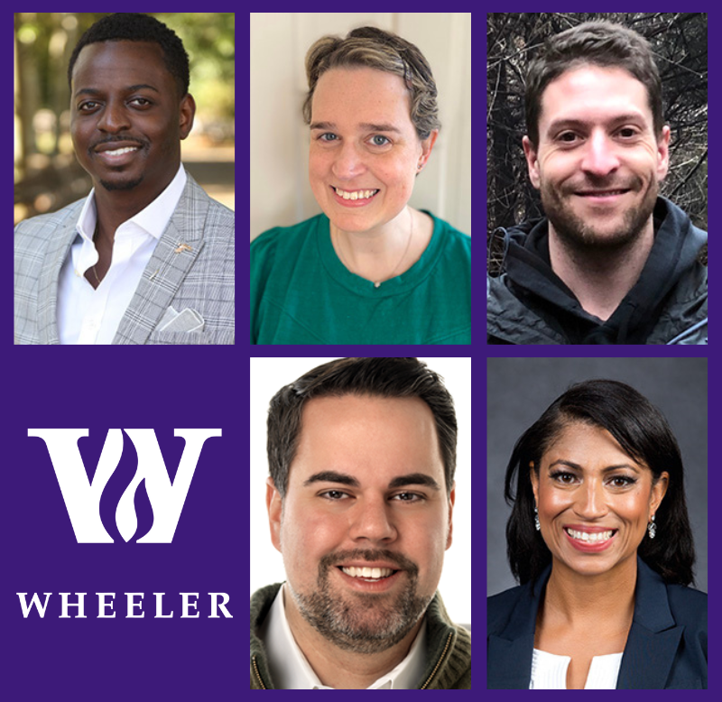 A purple graphic with headshots of Wheeler's five new trustees alongside the Wheeler logo in white.