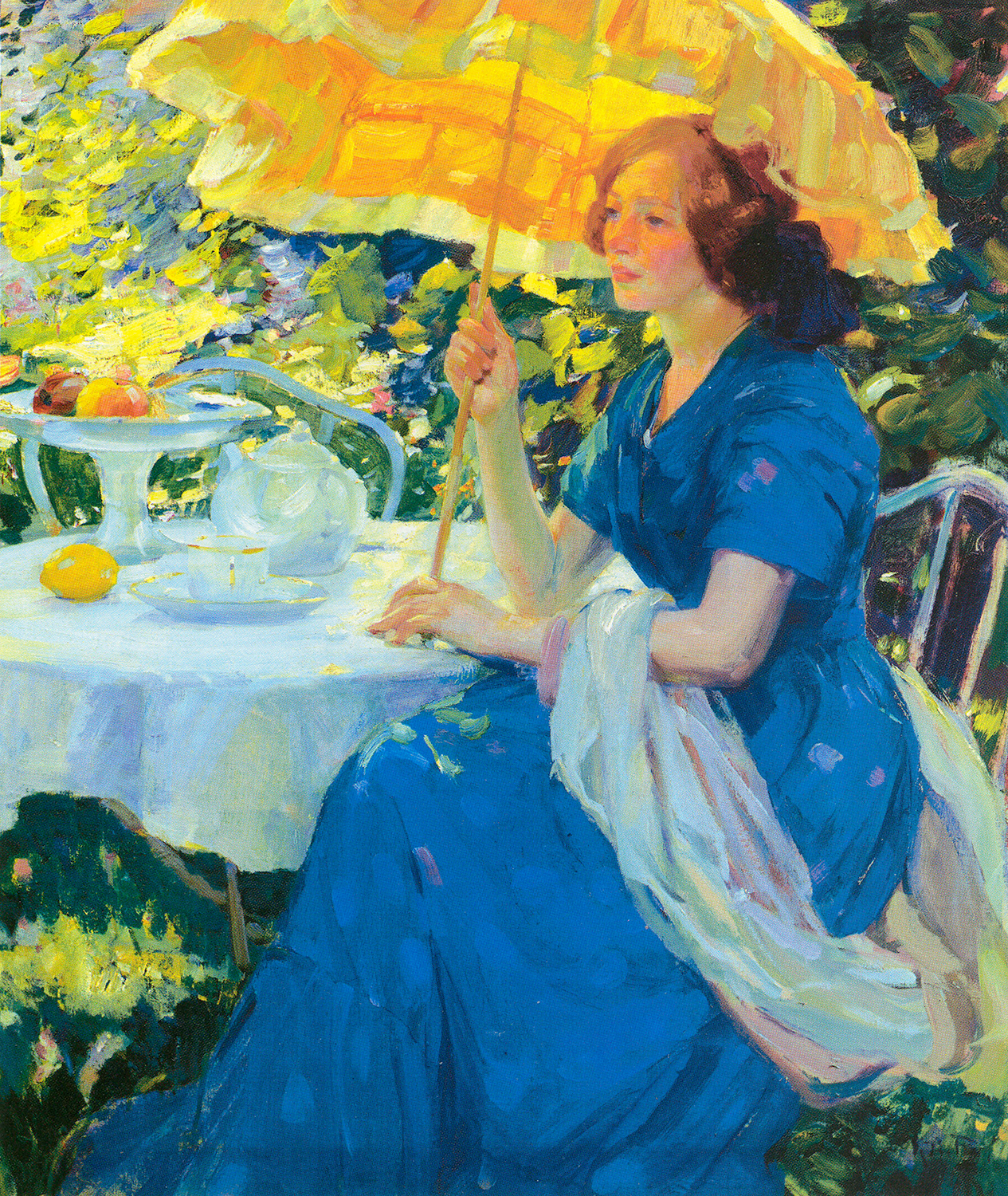 “Expectancy” painting by Karl Albert Buehr (1866-1952) of a woman in a blue dress holding a yellow parasol in a garden. She is sitting at a small round table. 