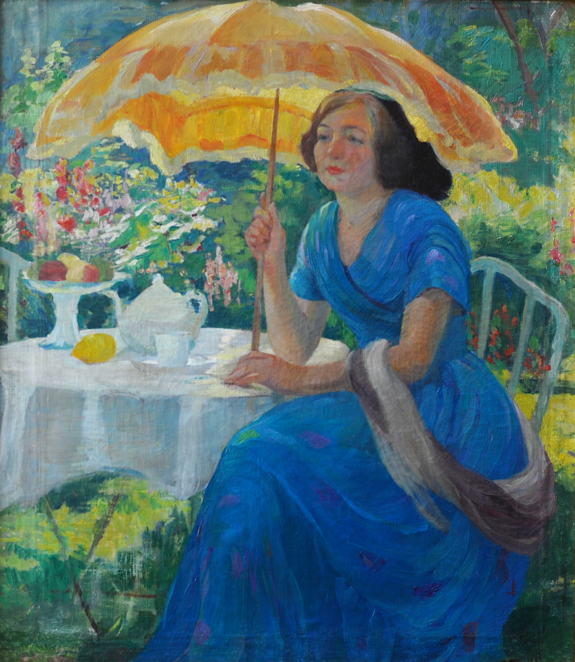 “Tea in a Garden” painting by Mary C. Wheeler (1846-1920), founder of the Wheeler School, is an oil painting of a woman in a blue dress, sitting at a small round table in a garden, holding a yellow parasol. 