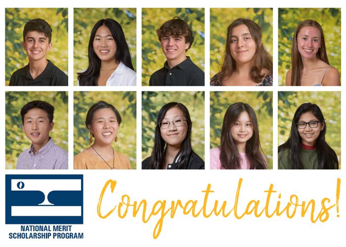 A graphic with a white background, portraits of the ten Wheeler students who are semifinalists in the National Merit Scholarship Program, the program's logo, and "Congratulations" appearing in gold in cursive script.