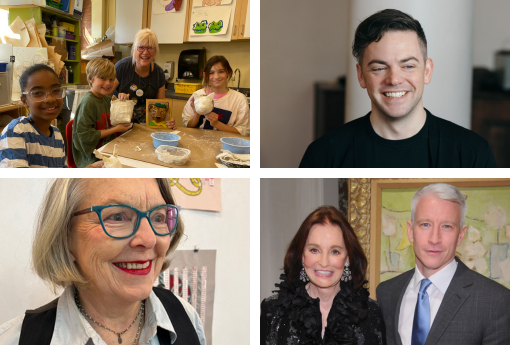 A composite photo of MCW Medal of Arts recipients Bobbie Berking-Dalzell (with students), Nancy Bowen, Nico Muhly, and Gloria Vanderbilt (alongside her son, Anderson Cooper)}