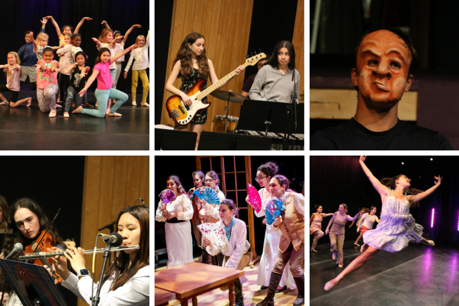 A composite image of Wheeler students participating in various performing arts disciplines such as theatre, music, and dance. 