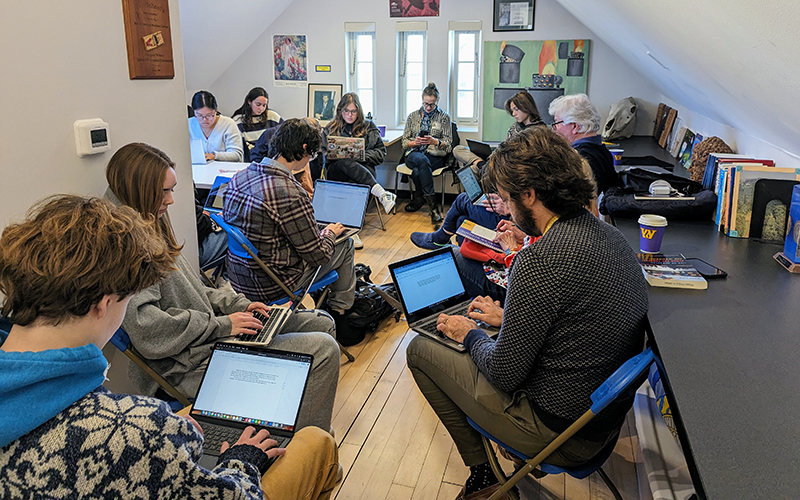 Photo of Aerie Literary Voices writers participating in a writing exercise led by Wang Ping. 