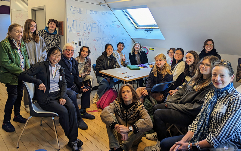 Group photo of poet Wang Ping with the Aerie Literary Voices students, faculty, and staff as they wrapped up the writing workshop. 