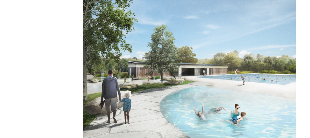 An aquatic center with pool house rendering from the Wheeler School Ten-Year Master Plan for the Farm Campus