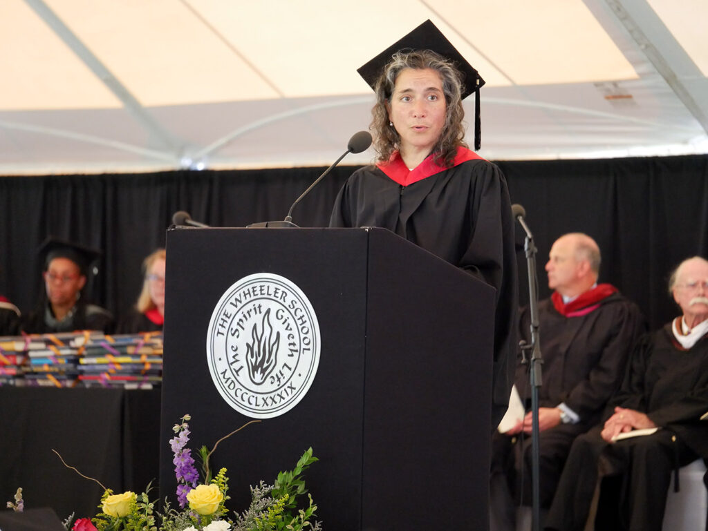 Allison Gaines Pell P’23, P’25 Head of School reciting her commencement speech.