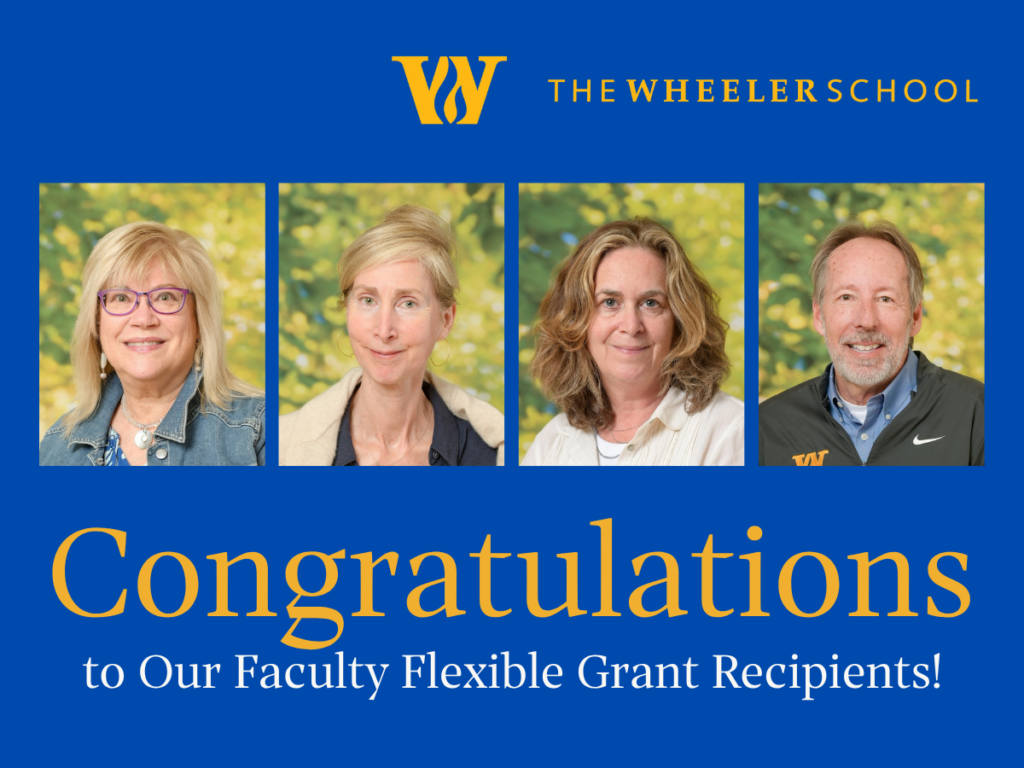 A graphic with a blue background, the Wheeler logo in yellow, yellow and white text that reads "Congratulations to our faculty flexible grant recipients!" and pictures of the four awardees.