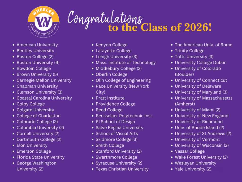 A purple graphic with white and gold font that lists the colleges and universities where members of the Class of 2026 will attend. A headline reads: "Congratulations to the Class of 2026" along with the Wheeler College Counseling logo.