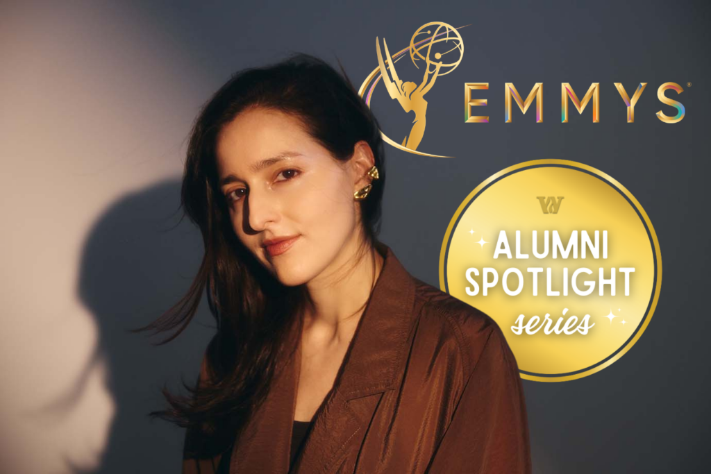 A photo portrait of Sara Barone '13 that also includes the Emmys logo and a gold circle that includes the Wheeler "W" and the text "Alumni Spotlight Series"